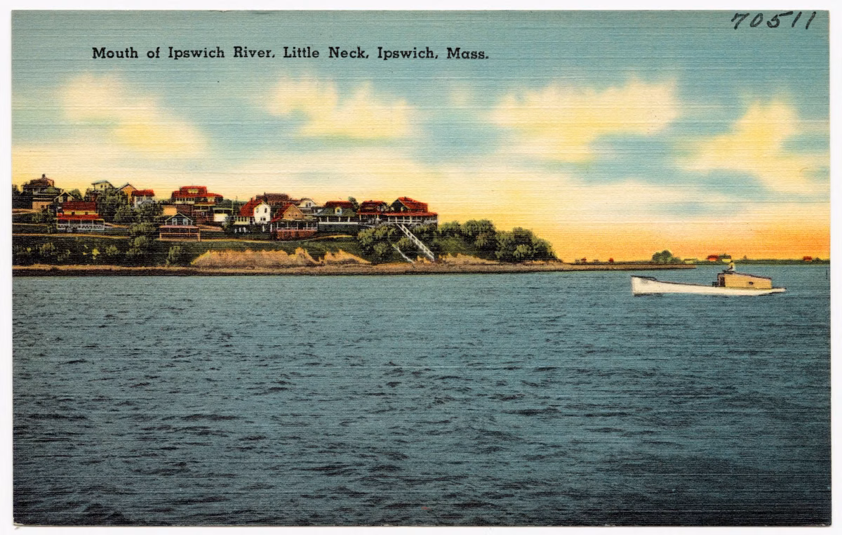 Old color postcard of the mouth of the Ipswich River at Little Neck, Ipswich, with houses on the far shore