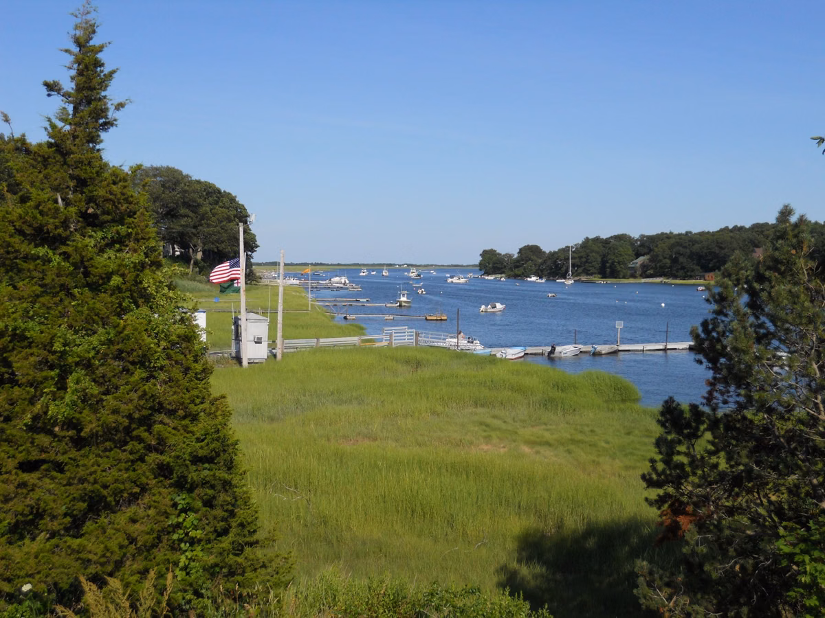 A public boat landing with a lawn sloping down to a river and moored boats